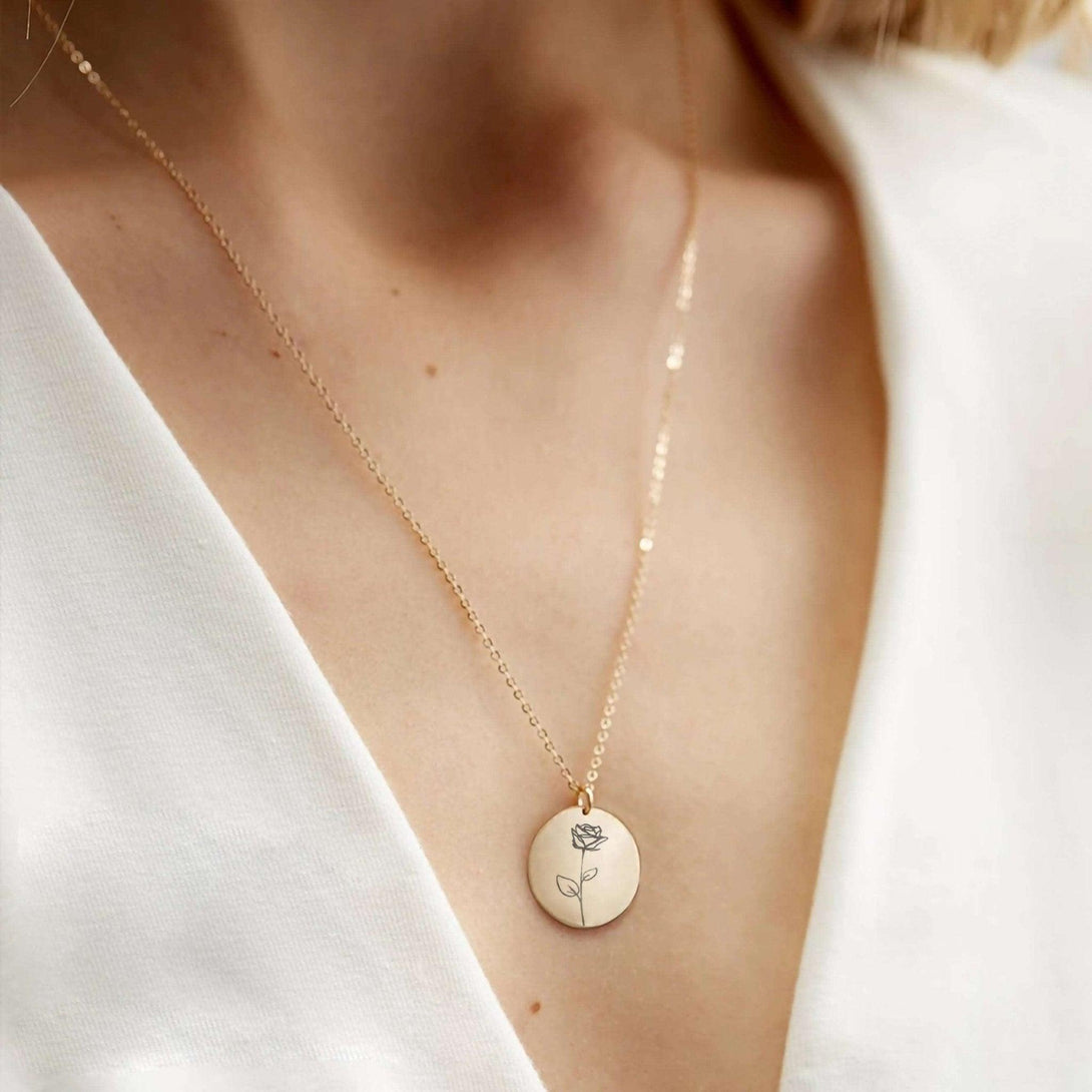 Damen Halskette mit Personalisierter Gravur: Runder Anhänger mit Geburtsblume und Namensgravur, Ideales Geburtstagsgeschenk - Laasio#