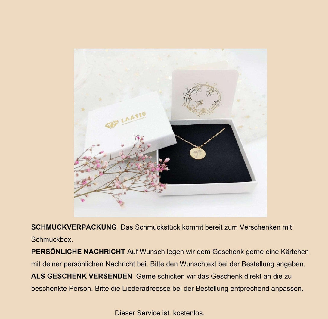 Damen Halskette mit Personalisierter Gravur: Runder Anhänger mit Geburtsblume und Namensgravur, Ideales Geburtstagsgeschenk - Laasio#