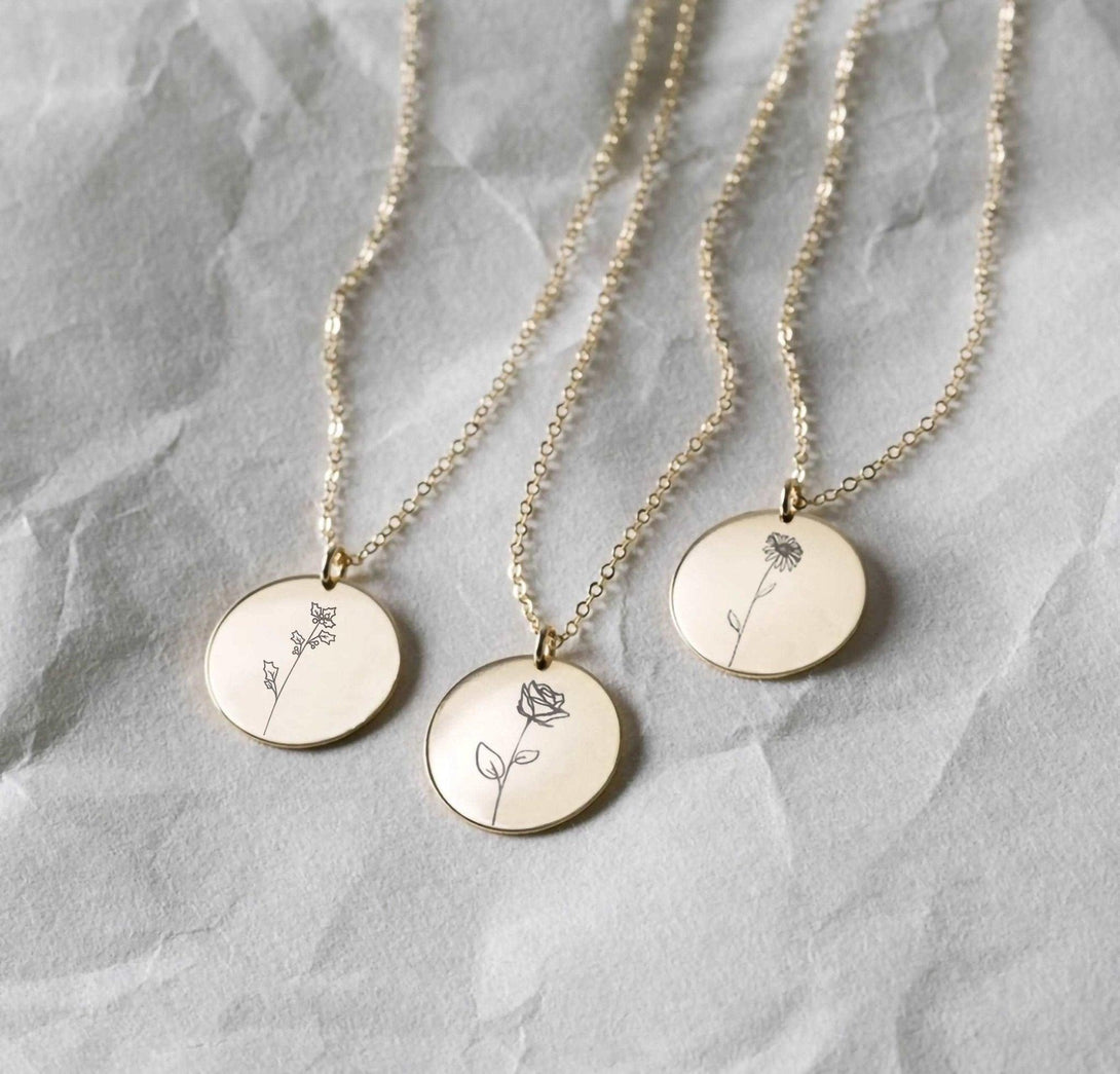 Damen Halskette mit Personalisierter Gravur: Runder Anhänger mit Geburtsblume und Namensgravur, Ideales Geburtstagsgeschenk - Laasio#