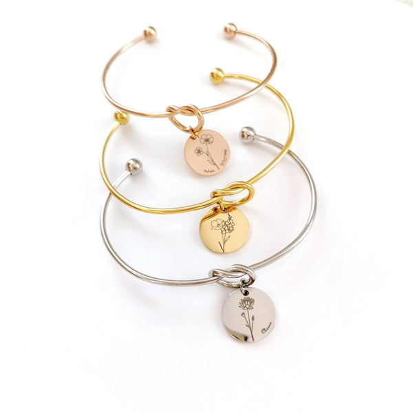 Geburtsblumen Armband, Armband mit Geburtsblumen, Armband personalisiert, Knotenarmband mit Gravur Plättchen in Silber, Gold oder Rosegold - Laasio#