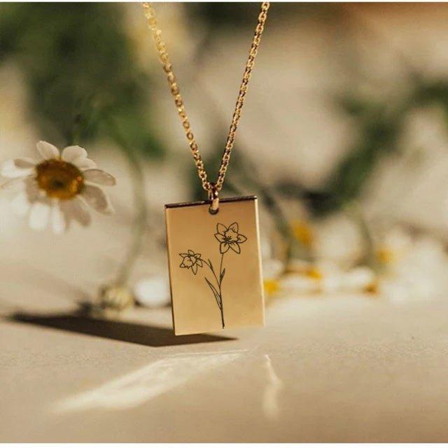 Geschenk für Mama, Geburtstag Geschenk ,Kette mit Geburtsblume Gravur Rechteck - Laasio#
