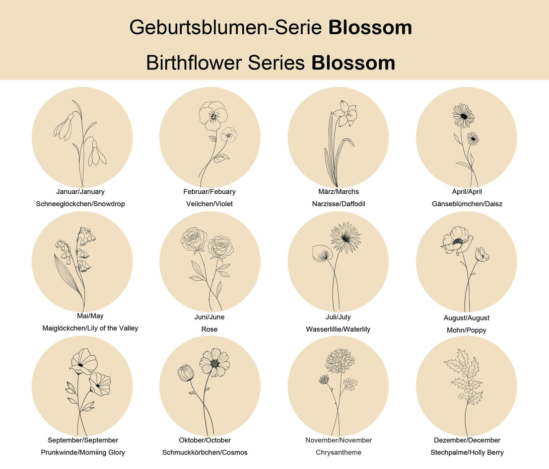 Personalisierte Geburtsblumen Halskette und Ohrringe mit Namen - Geburtsblumen und Namen Gravur - Geschenk zum Geburtstag Serie Blossom