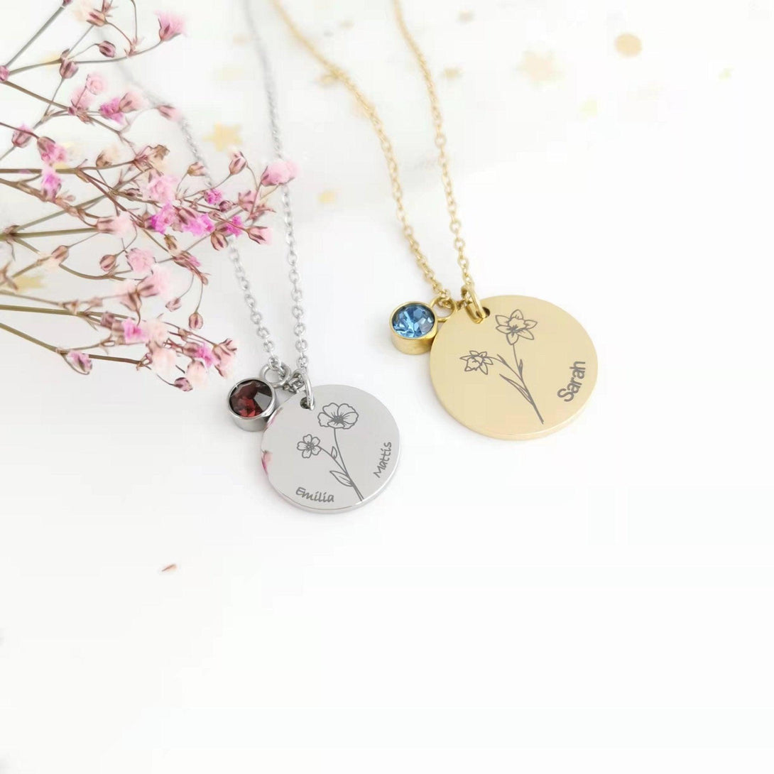 Personalisierte Geburtsblumen Kette mit Name & Datum Gravur und Geburtsstein – Ideales Geschenk für besondere Anlässe - Laasio#